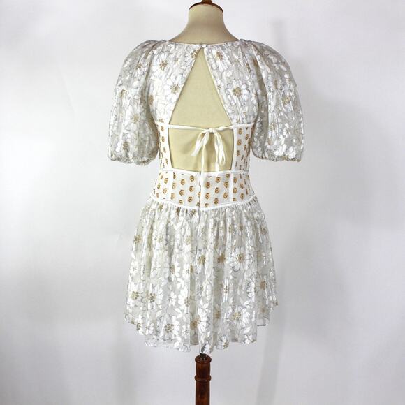 For Love & Lemons Lupita Mini Dress NEW White Gold Corset Shimmer Floral Lace L - Picture 6 of 8